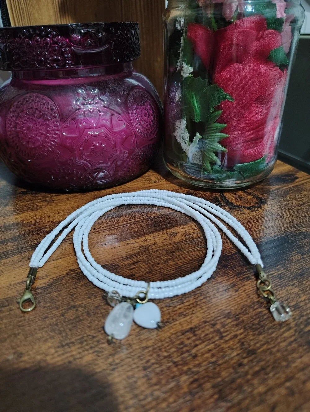 White Beaded Triple Strand Necklace With Charm Pendant,  Handmade Necklace